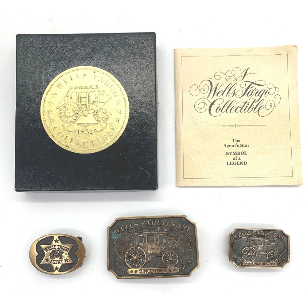 Wells Fargo & Co Vintage Belt Buckle Set Agent Star Stagecoach Brass Collectible